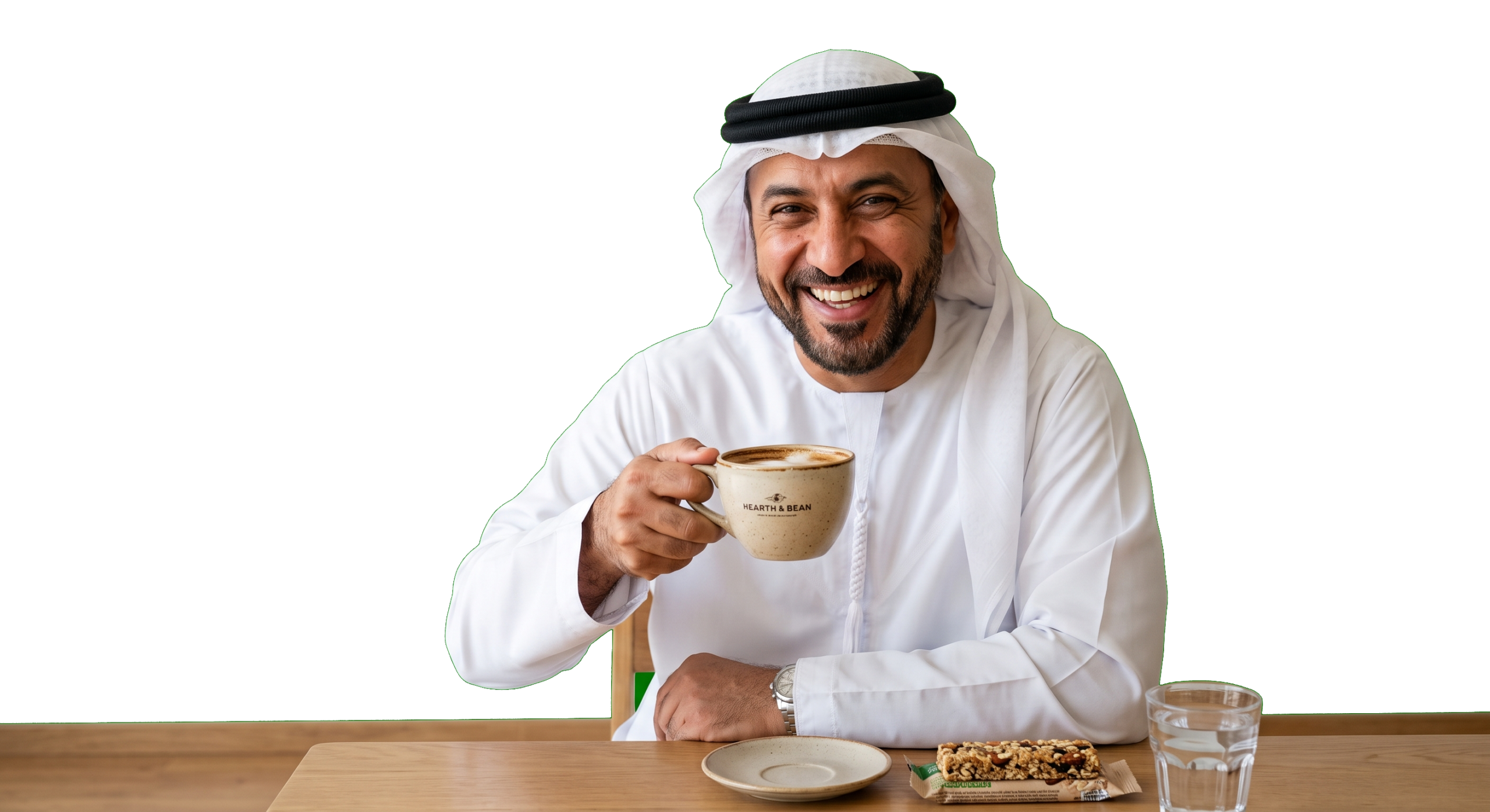 Man in traditional Emirati dress smiling while holding a cup of coffee