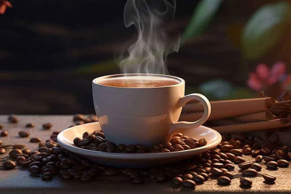 فنجان قهوة يتصاعد منه البخار بجانب حبوب البن
